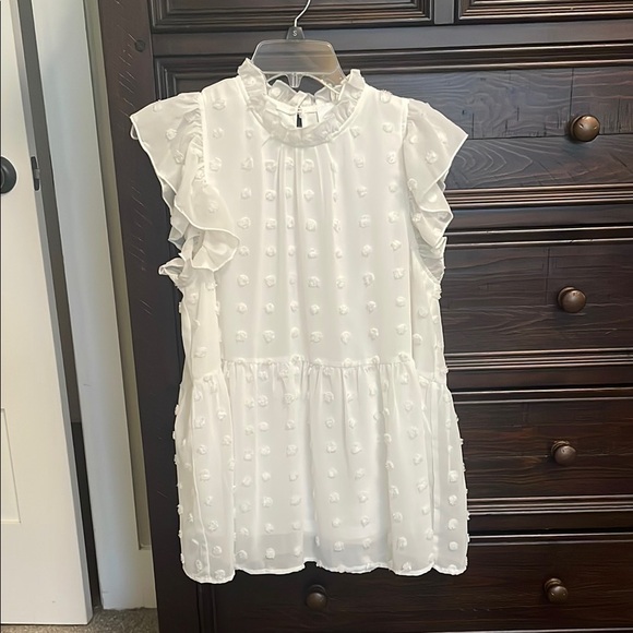 Shop the Mint Tops - White Ruffle Sleeve flowy top with Textured Dots S organza lightweight spring